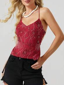 Women Y2K Sequin Cami Top Sexy Low Cut V Neck Open Back Criss Cross Straps Tank Tops Cute Sparkle Backless Summer Going Out Crop Tops Party Tops New Years Top - 紅色 - 查看 1