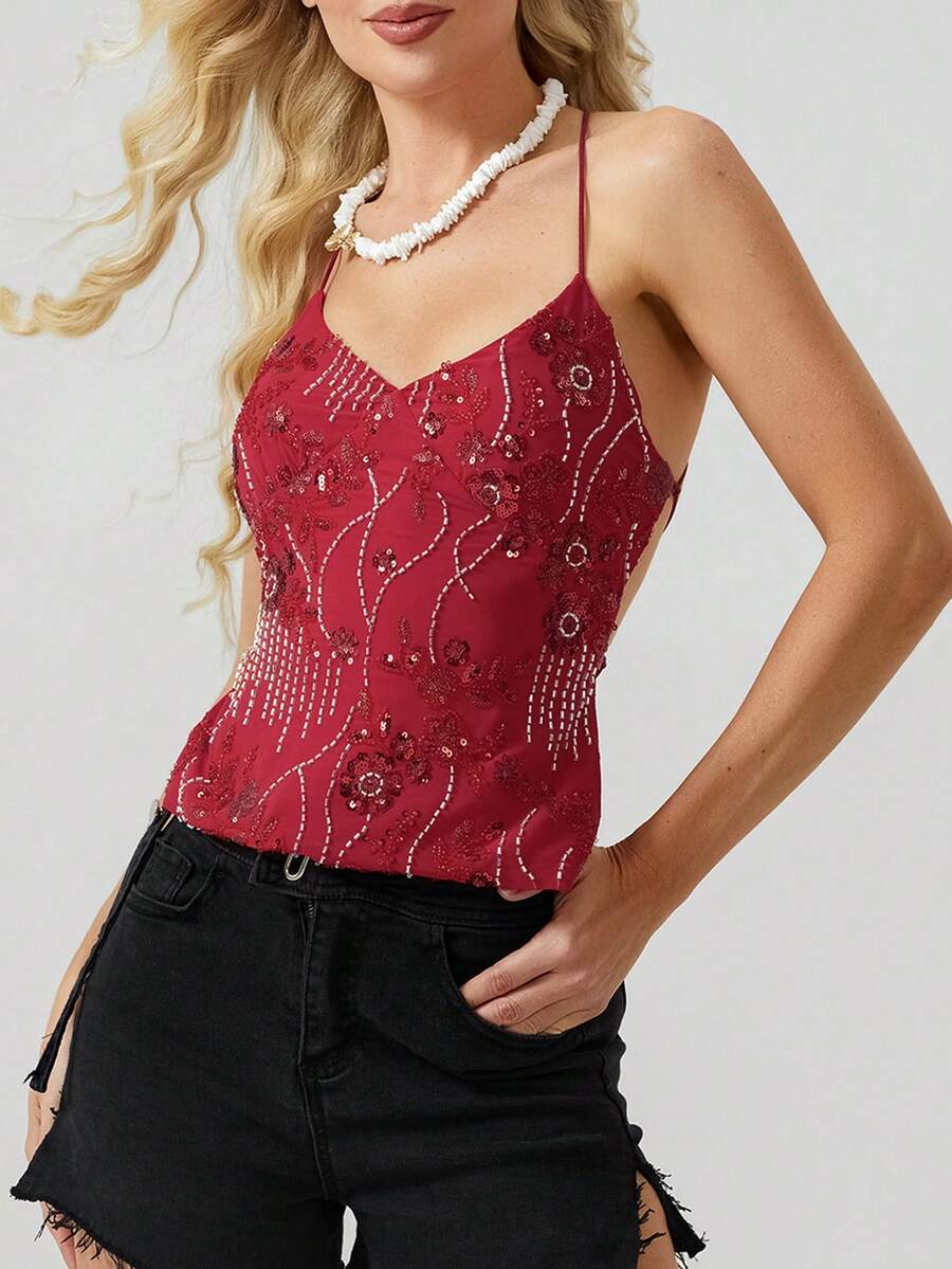 Women Y2K Sequin Cami Top Sexy Low Cut V Neck Open Back Criss Cross Straps Tank Tops Cute Sparkle Backless Summer Going Out Crop Tops Party Tops New Years Top - 紅色 - 查看 1
