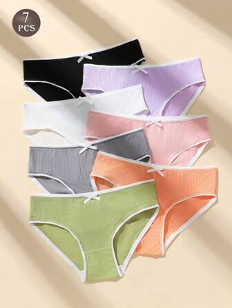 7PCS Women Simple Soild Color Panties Fashion Bow Design Elastic Comfortable Ladies Briefs