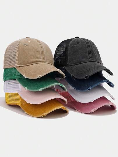 1pc Solid Distressed Perforated Mesh Washed Baseball Cap, Breathable Sun Protection Accessory For Spring/Summer
