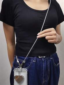 韩国银骨心形镜面吊坠斜挂绳夹式吊坠手机绳长颈带防丢失吊带礼物送给母亲、家人、朋友、生日、节日手机挂饰、手机链 - 銀色 - 查看 5