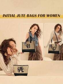 Black Khaki Patchwork Tote Bag Set, Black Vines Wrapped Around The Initial Letters A-Z, With The Same Series Of Color Block Makeup Storage Bag, Toiletry Bag, Wallet, Personalized Gift Bag, Fashionable Personalized Tote Bag - Khaki - View 5