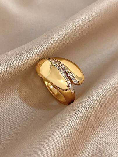 1 件奢华双色开口戒指，适合女士和女孩 - 18K 镀金不锈钢半光滑和半 CZ 钻石密镶，可调节堆叠个性珠宝，适合母亲节礼物、婚礼、派对和特殊场合