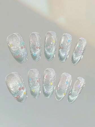 10 件薄荷绿猫眼流苏樱桃手工美甲贴花，椭圆形可爱甜美星空渐变美白指甲配件适合日常使用和派对，可重复使用的指甲贴片按压指甲美甲用品指甲