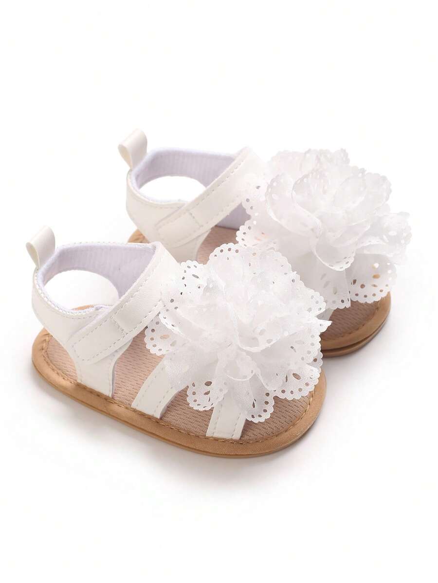 حذاء صندل طفلة حديثة الولادة من 0-1 سنة، مزين بزهور من الدانتيل، نعل مطاطي ناعم مانع للانزلاق، مناسب للاستخدام اليومي والخارجي والشاطئ في الصيف
