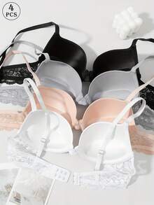 4pcs Women Solid Color Comfy Lift-Up Bras - Multicolor - View 3