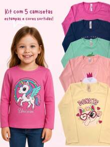 Kit 05 Blusinhas Manga Longa Feminina Roupa Infantil Menina Criança Com Silk Pedraria Cores Sortidas