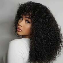 Human Hair Wigs With Bangs None Lace Front Wigs Water Wave Human Hair For Women Machine Made Curly Wig With Bangs Brazilian Unprocessed Virgin Hair Wigs Natural Color