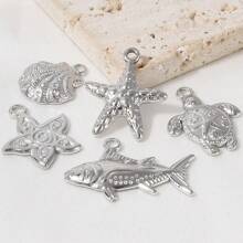 5 Stücke Edelstahl Ozean Themen Anhänger Sortiment - Seestern, Muschel, Schildkröte, Hai, Fisch, Delfin, Seepferdchen. Geeignet für Armband, Halskette, Knöchel, Ohrring Schmuck DIY, Vintage, Strand, Party Elemente, 18 Karat vergoldet