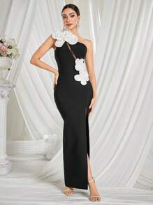 Asymmetrical Neck Backless Floral Embellished Gown Dresses Elegant Formal Evening Prom Wedding Guest Gown, For Graduation, Dinner, Party Dress, For Cocktail