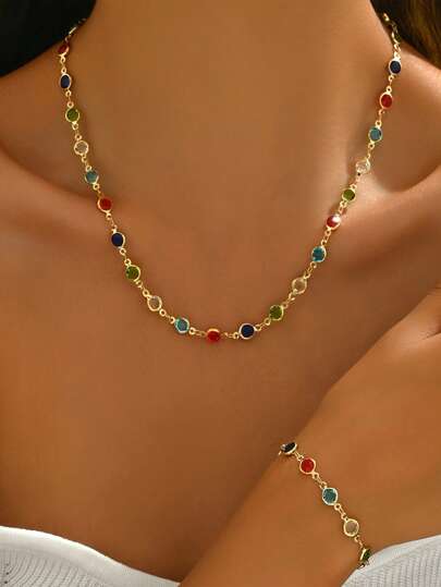 2pcs Heart Shaped Necklace And Bracelet Set, Stylish Colorful Crystal Zirconia Necklace And Bracelet, Gold Short Choker Necklace, Adjustable Necklace And Bracelet For Women, Casual Wear - Crystal Color Sequence Random