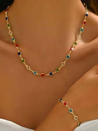 2pcs Set Fashion Colorful Rhinestone Necklace And Bracelet Luxury Minimalist Colorful Zirconia Choker Set (Random Colored Diamonds)