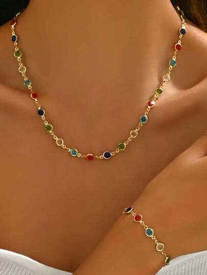 Set de 2 piezas con collar y pulsera de moda con rhinestones de colores, set de gargantilla minimalista de lujo con circonitas de colores (diamantes de colores aleatorios)