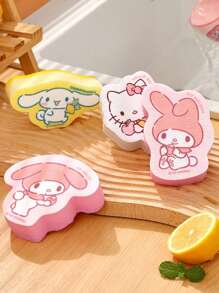 Sanrio 1/3pcs Novelty Cartoon Double-Sided Sponge Cleaning Pads, For Cleaning Dishes, Pots And Pans, Reusable Kitchen Cleaning Supplies, Random Styles