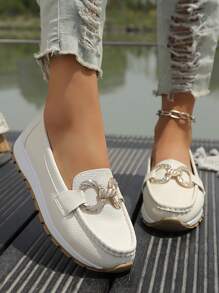 New Fashion Thick Sole Wedge Heel Casual Slip-On Flat Shoes, Sweet Cute And Versatile For All Seasons, Patchwork Metal Chain Decoration, Daily Commute & Vacation, High-Top Increased Height, Classic PU Leather Round Toe Comfortable Soft Beige Ladies Sneakers