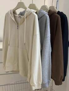 Autumn And Winter Cotton Hoodie Sweatshirt Jacket Solid Color Zipper Cardigan Versatile Sports Top - Beige - View 2