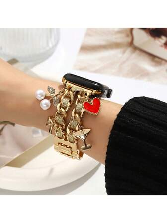1pc Red Heart & Moon Design Adjustable Metal Band, Removable Joints, Fits All Series, Features Decorative Gems