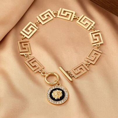 Gold Lion Head Pendant Anklet With Black Rhinestone, Fashion Beach Jewelry For Women