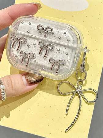 Y2K 可爱环氧银色金属蝴蝶结透明耳机盒适用于 1 2 3 Pro 2 带可爱吊坠保护壳柔软适用于 4