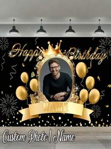 1pc- Custom Happy Birthday Background, Custom Black Gold Theme Printed Poster - Personalized Birthday Party Custom Photo And Name Poster - Suitable For Party Decoration Supplies Birthday Gifts, Gallery Decoration And Photo Booth Props, Party Decoration, Unique Personalized Background Photography And Display, The Perfect Party Decoration, Multi-Functional, Durable, Ornamental, Summer Holiday