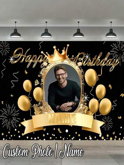 1pc- Custom Happy Birthday Background, Custom Black Gold Theme Printed Poster - Personalized Birthday Party Custom Photo And Name Poster - Suitable For Party Decoration Supplies Birthday Gifts, Gallery Decoration And Photo Booth Props, Party Decoration, Unique Personalized Background Photography And Display, The Perfect Party Decoration, Multi-Functional, Durable, Ornamental, Summer Holiday