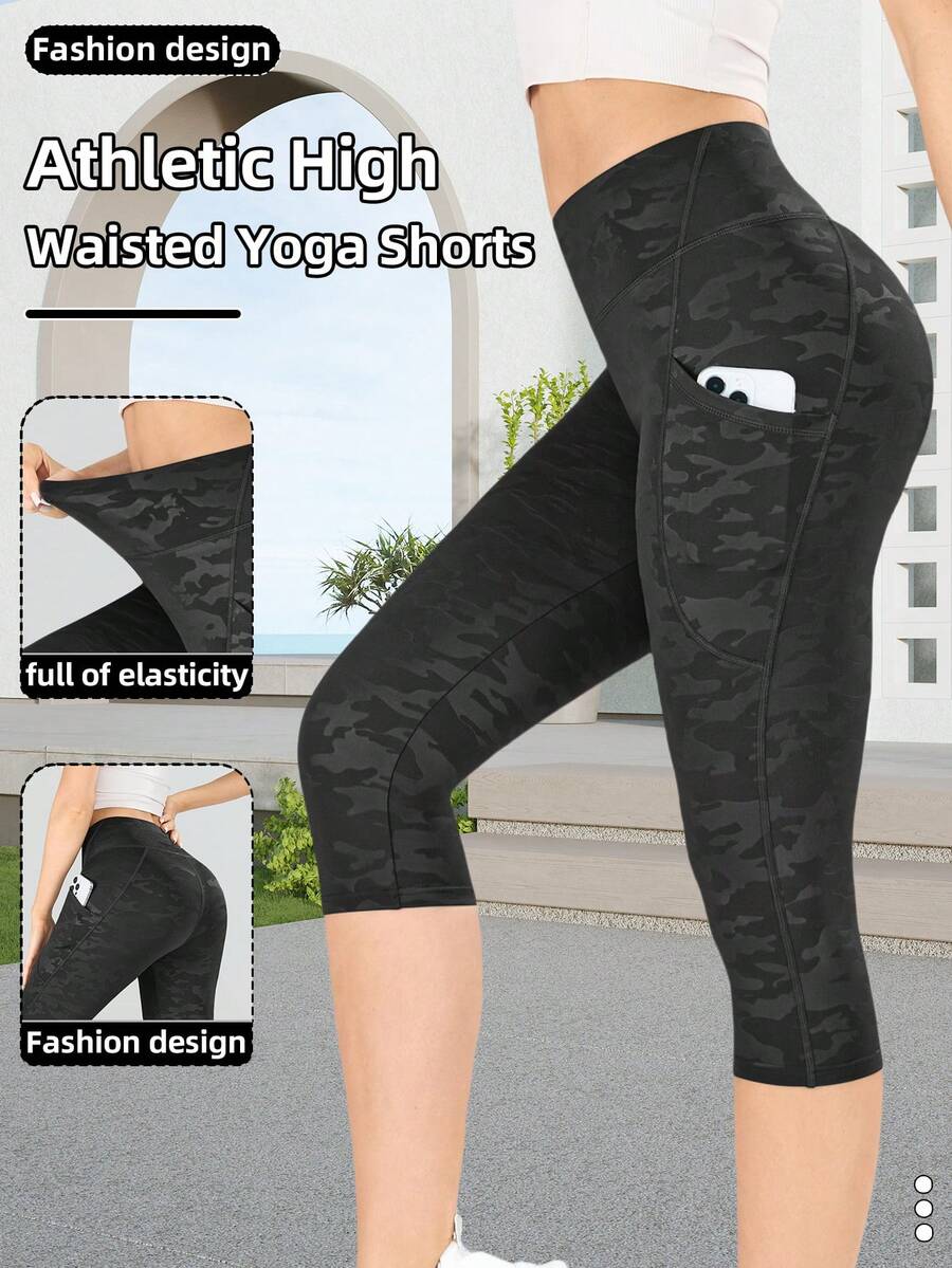 1件装女士数码迷彩印花高腰运动七分紧身裤，畅销提臀健身休闲紧身跑步骑行七分裤 - 黑色 - 查看 1