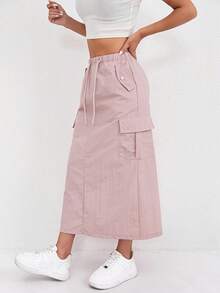 1 件 Y2K 风格高腰工装裙，适合女性，纯色涤纶 A 字型中长裙，带口袋，常规版型，开衩下摆，时尚四季裙，腰部有抽绳