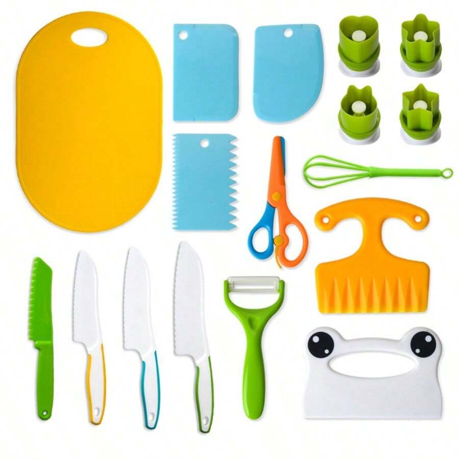 幼兒刀具套組-兒童玩具廚房刀具套組,蒙特梭利兒童廚房刀具玩具套組,附切菜板與皺紋玩具刀,適合 3-10 歲女孩與男孩的角色扮演刀具套組,新年禮物,幼兒廚房玩具,隨機配色配件 - 彩色 - 查看 1