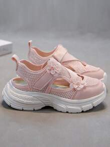 Girls' Hook And Loop Mesh Sports Sandals Summer New Cute Flower Open Toe Casual Shoes, Medium-Large Child Sizes