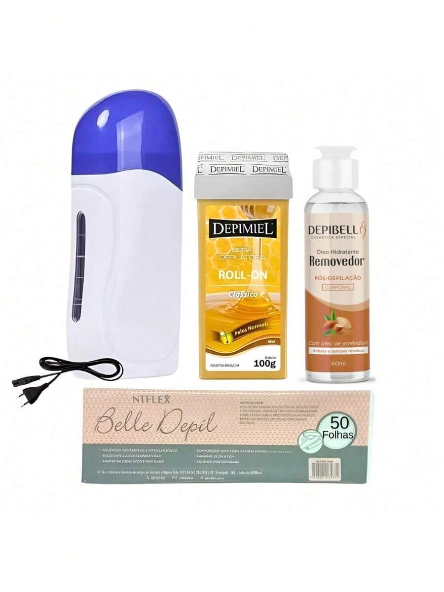 Kit 3 Cera Quente Depimiel 100g + Aquecedor Roll On + Óleo Removedor 50 Folhas Tnt Depilaçao