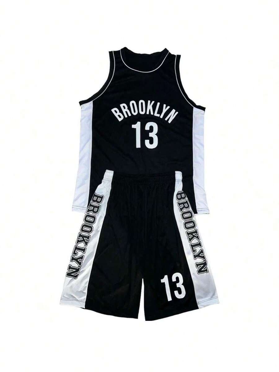 Men's Adult Sports Set T-Shirt With Basketball Shorts - Black and White - View 1