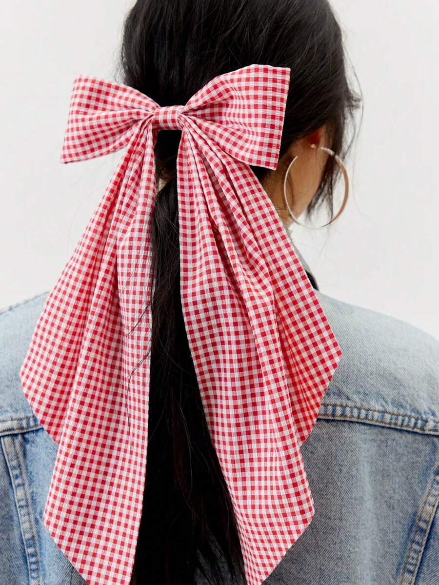 1 件超大格子蝴蝶结弹性发夹，带飘带，适合日常装扮爪夹发夹发夹 - 彩色 - 查看 1