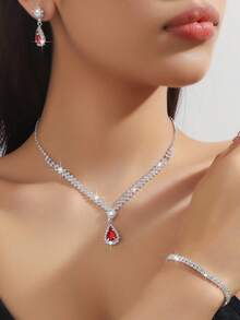 3pcs/Set Bridal Jewelry Set: Silver Necklace, Earrings And Bracelet, Metal With Rhinestone Inlay - Green - View 7