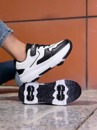 儿童/青少年简易钩环溜冰鞋，4 轮，可拆卸轮子，休闲运动鞋，适合所有季节