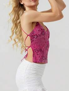 Women Y2K Sequin Cami Top Sexy Low Cut V Neck Open Back Criss Cross Straps Tank Tops Cute Sparkle Backless Summer Going Out Crop Tops Party Tops New Years Top - 玫紅色 - 查看 7