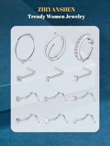 银金鼻环，男女通用，鼻环饰品，双环鼻环，20克，L型鼻钉，鼻钉，螺旋鼻环，女士不锈钢心形月亮星星