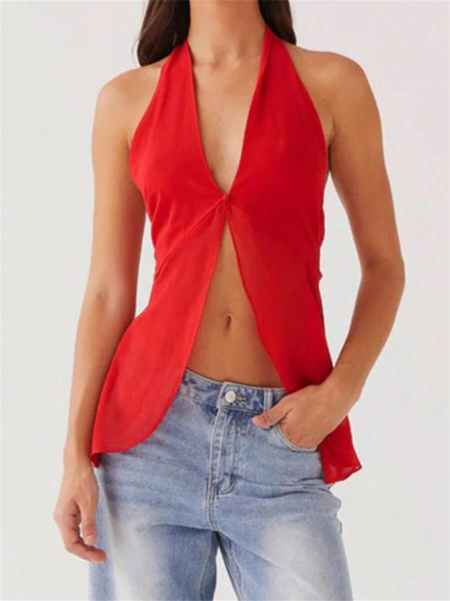 Women Tank Tops Solid Color Deep V-Neck Tie-Up Halter Neck Casual Vests Summer Sleeveless Tops Streetwear - Red - View 1