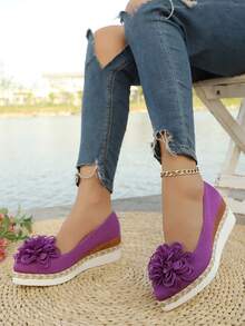 1 Pair Women's Purple Rope Thick Bottom Wedge Pointed Toe Handmade Floral Comfortable Casual Slip-On Shoes, Suitable For Casual, Wedding, Outdoor, Spring/Summer - Purple - View 3