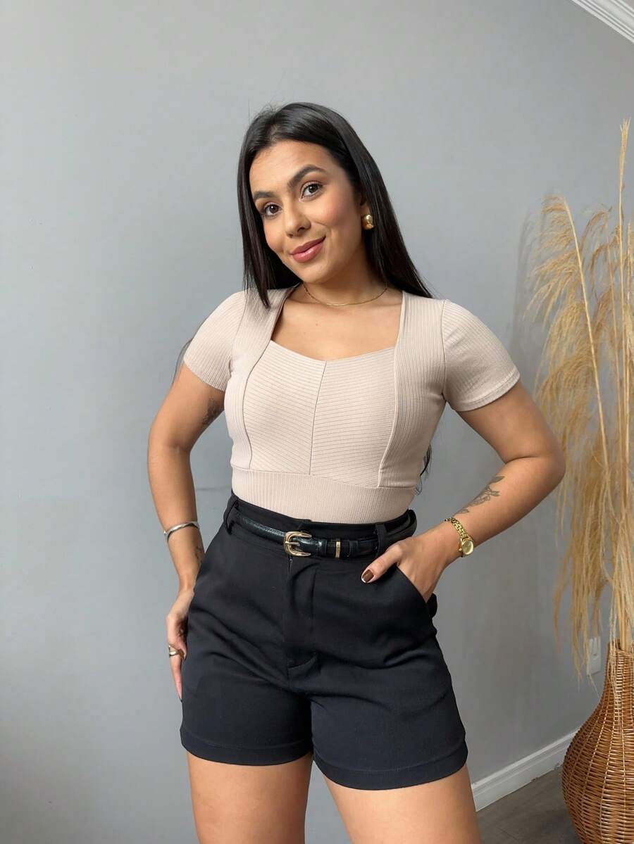 Women's Blouse With Cutouts, Square Neckline, Short Sleeves - Màu be - Xem 1