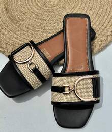 Sandalia plana Mujer casual Dama elegante formal e informal básicas Colores negro camel piel vegana talla 22mx-26mx con detalle en yute - Negro - Ver 2