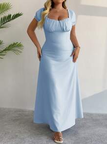 PoPoHouse Vestido Feminino Casual Elegante Plissado Busto Cintura - Cintura Plus Size