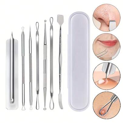Juego de 7 piezas de acero inoxidable para el tratamiento del acné: extractor de puntos negros, extractor de comedones, aguja de extracción de acné desechable, limpiador facial y nasal de puntos negros, herramientas de belleza suaves para el cuidado personal en estuche