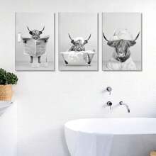 Set Of 3 Black And White Highland Cow Wall Art Canvas Painting, Funny Animal Bathroom Poster Prints With Frame, Suitable For Modern Living Room, Bathroom, Bedroom, Hotel, Apartment, B&B, Farmhouse, Hallway, Studio, Kids Room, Classroom, Study, Office Decoration Ready To Hang ,Wall Art With Frame
