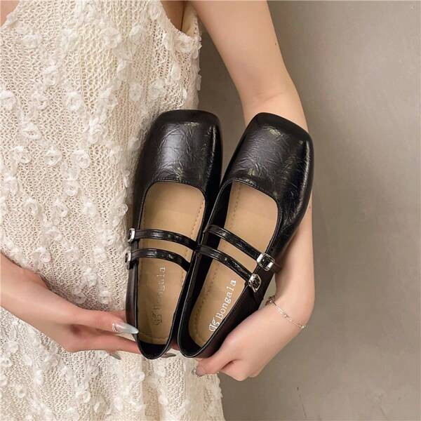 Flat Leather Shoes For Women, Solid Color Basic Elegant Fashion Holiday Neutral Strap Mary Janes Flats For Beach, Party, Office, Home, Spring/Summer