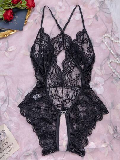1pc Crotchless Lingerie, Verleidelijke Backless Bowknot Kanten Teddy Open Cup, Baddie Look view 4