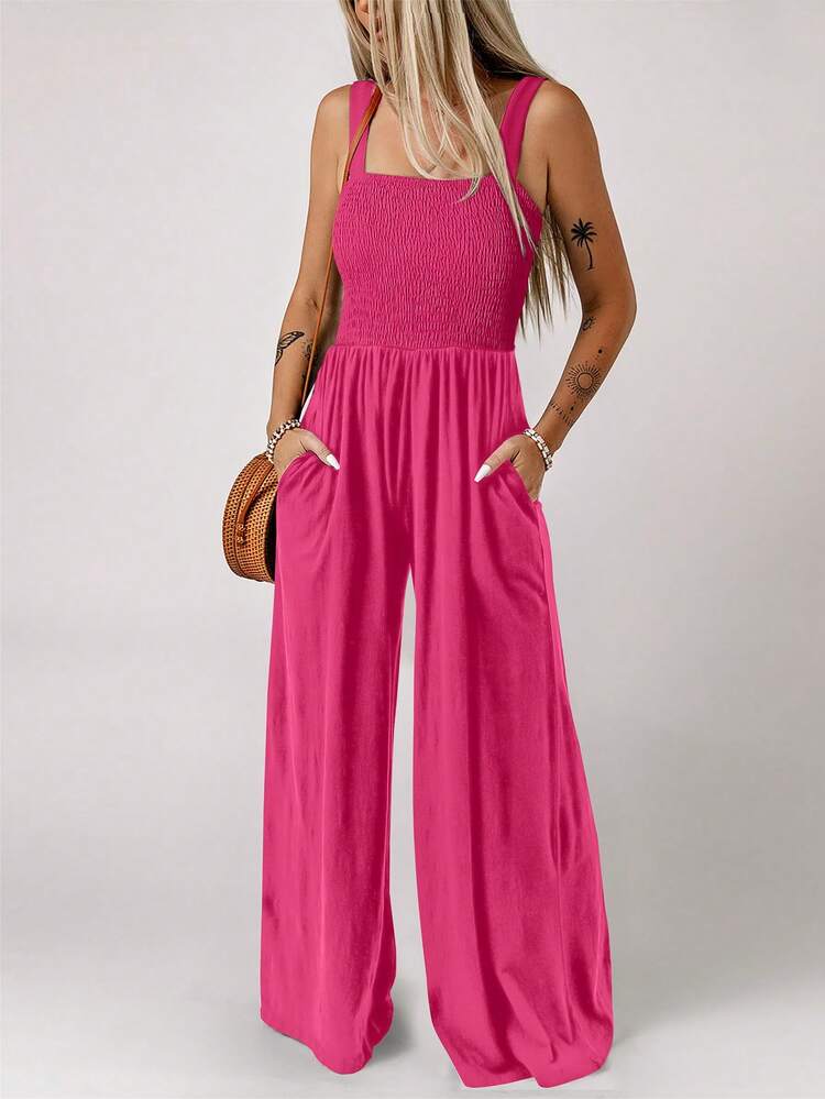 Acelitt Women's Solid Color Square Neck Pleated Patchwork Pocket Casual Vacation Loose Wide Leg Sleeveless Jumpsuit, Summer Pink Elegant