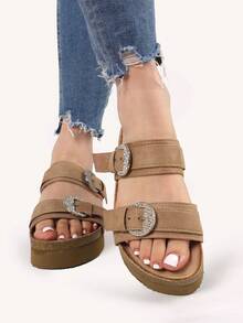 CIABATTE IN CAMOSCIO SINTETICO CON 2 FASCE E FIBBIA CON STRASS - Khaki - View 2