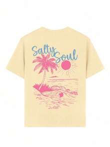 Teen Girls Tropical Print Round Neck T-Shirt, Summer Tops