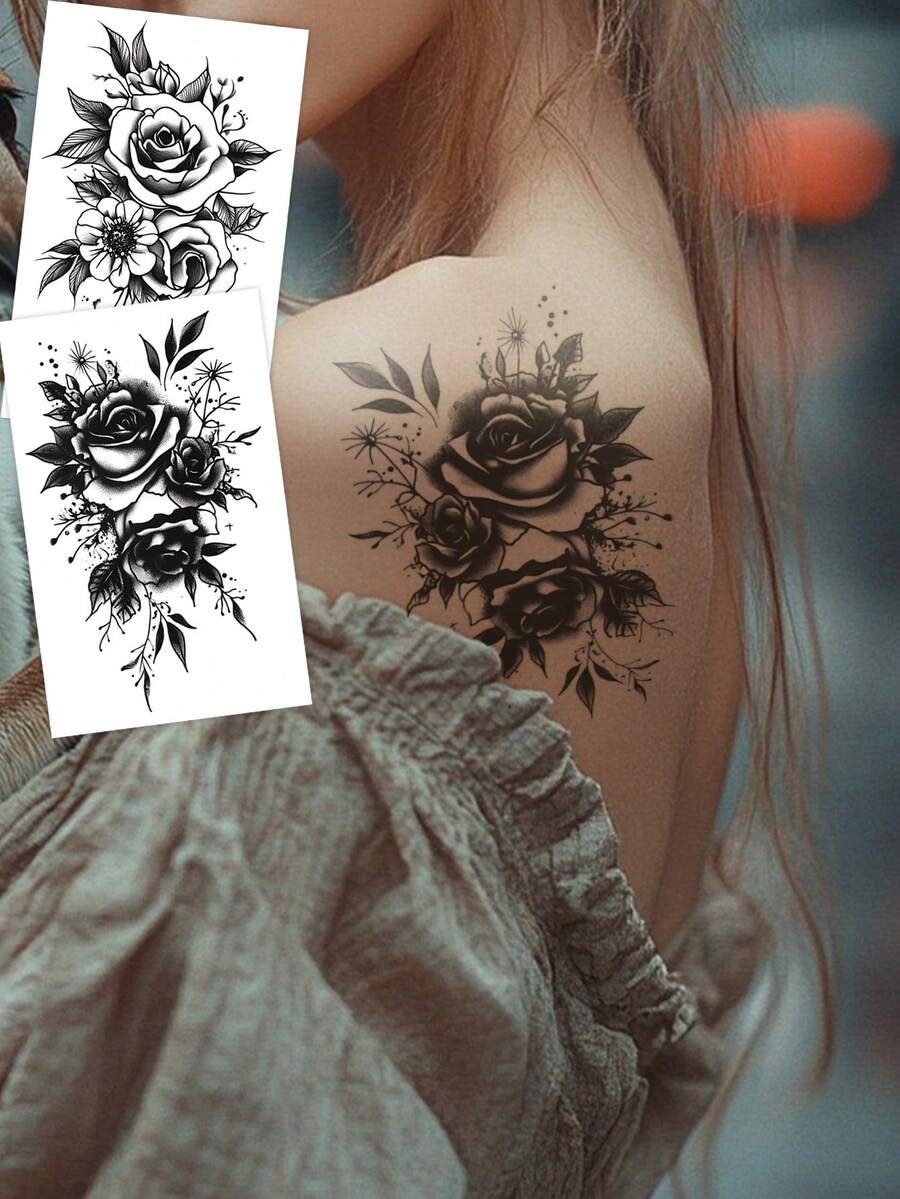 2 قطعة وشم مؤقت مائي بتصميم زهري أسود، ذو تصميم كبير أنيق وجذاب، مناسب للنساء الكبار على الذراعين والظهر والكتف والصدر