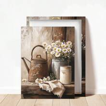 1 pièce Œuvre florale de style ferme rustique sans cadre - Marguerites blanches avec un bidon en fonte vintage, décoration murale en bois pour salon, chambre, bureau, etc. - Cadre en pin, cadeau parfait pour les vacances, affiches, décorations murales, décorations de pièce, moderne, botanique
